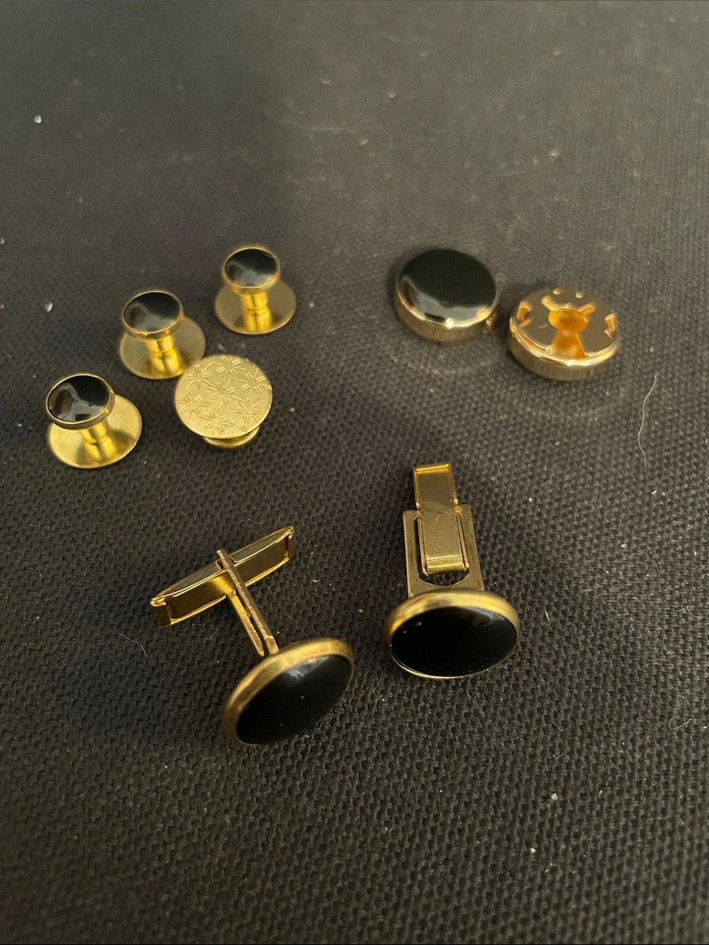 Gold-Tone Cufflinks & Button Set with Black Inset  - Men's Dress Accessory
